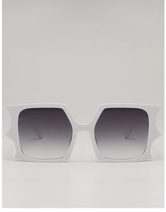 Front view of white geometric butterfly sunglasses with grey gradient lenses and sharp angles