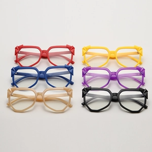 Macro detail showing six colorful geometric irregular frames with distinct 3D faceted edges
