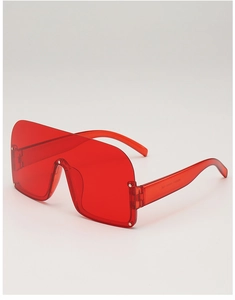 Detail view of large red semi-transparent shield sunglasses with inner temple model AM82504