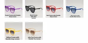 Detailed grid of oversized irregular sunglasses in assorted colors and gradient lenses