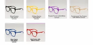 Detail view of oversized geometric eyeglass frames in six diverse color options