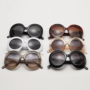 Detailed grid showing six stylish color variants of wide-frame oval sunglasses for women