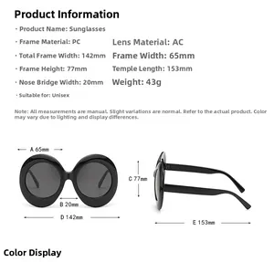 Size chart showing dimensions for large oval retro sunglasses with PC frame and AC lens