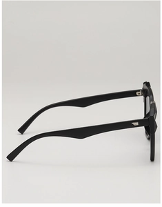 Side view of black thick frame sunglasses with geometric temples and silver metal accents