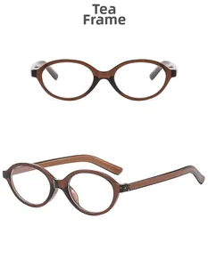 Detailed views of oval tea-colored resin eyewear frames with minimalist side temples