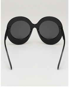 Detailed back view of oversized black oval sunglasses with glossy resin frame and dark lenses