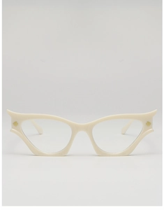 Detailed close-up of cream white cat-eye frame corners with elegant golden crown emblem