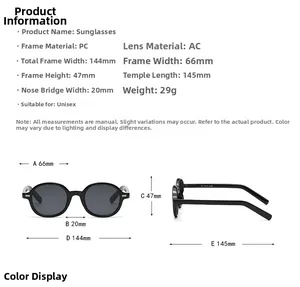 Detailed size chart for oval frame sunglasses showing precise lens and frame measurements