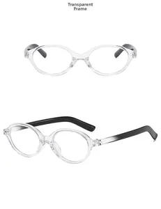 Detail view of retro oval transparent eyeglass frames with black and white gradient temples