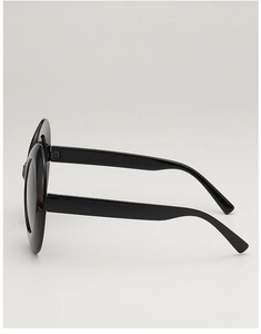 Side view detail of black oval sunglasses featuring creative cat ear frame accents