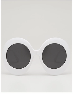 Front view of retro oval sunglasses featuring a thick white frame and dark grey lenses