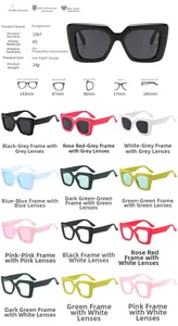 Detailed view of oversized PC sunglasses frame dimensions and multiple color variations
