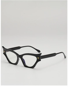 Detailed view of black cat-eye glasses frame with elegant gold letter accents
