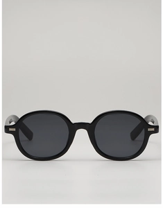 Close-up of black oval sunglasses with silver metal double bar details on the temples