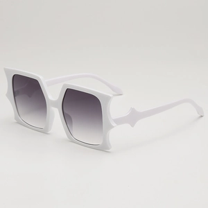 Futuristic white butterfly sunglasses with star details and grey purple gradient lenses
