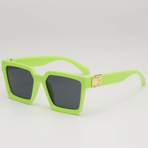 Fashionable square fluorescent green sunglasses with gray lenses and golden rivets