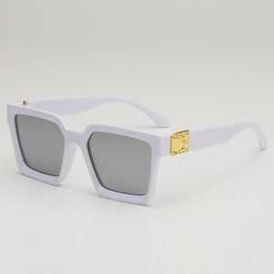 Fashionable square thick white frame sunglasses with dark lenses and gold metal accents