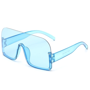 Sky blue semi-rimless oversized futuristic sunglasses with one-piece wrap lens