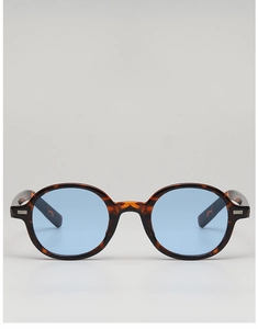 Detail of tortoise shell oval sunglasses frame with stylish light blue lenses