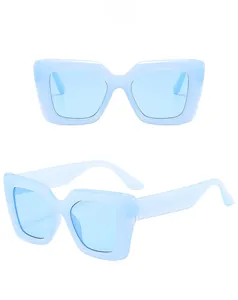 Detailed front and side view of sky blue oversized rectangular fashion sunglasses