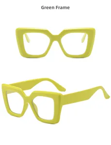Front and side view of chunky neon green square frame sunglasses with clear lenses