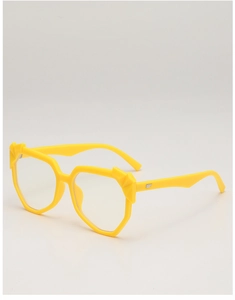 Detail view of bright yellow geometric sunglasses frame with silver wing metal accents