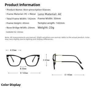 Size chart showing dimensions of polygon cat eye blue light blocking glasses with PC metal frame