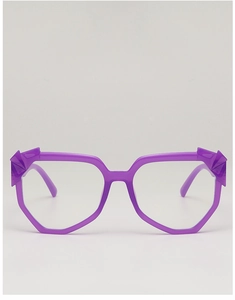 Detail view of purple irregular geometric sunglasses with a sleek polished finish
