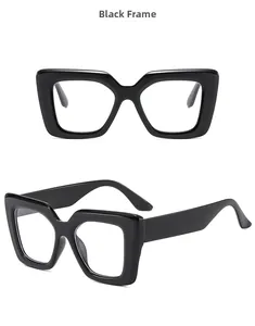 Detailed front and side view of retro black oversized square frame glasses with clear lenses