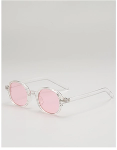 Detailed close-up of pink oval lenses and transparent frame with size specs