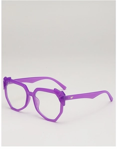 Detail of purple geometric oversized frame with transparent finish and metal accents