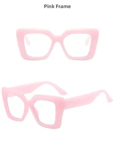 Close-up of pink thick-frame sunglasses with clear lenses and glossy finish