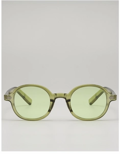 Detailed front view of oval retro sunglasses with translucent olive green frames and light lenses