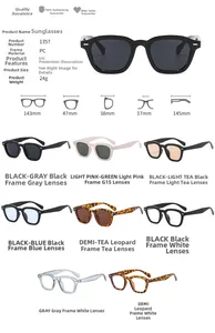Detailed size specifications and multiple color variants for square frame PC sunglasses