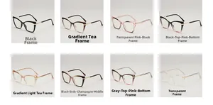 Detailed view of eight trendy cat-eye eyeglass frame color variations and metal temples