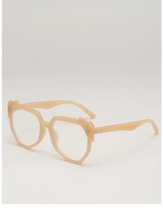 Detail of peach oversized geometric frame with elegant golden metal logo on the temple
