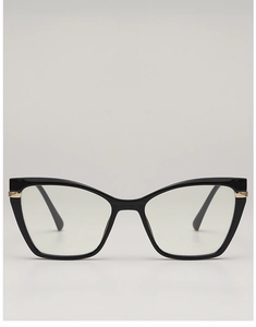 Detailed close-up of black cat-eye glasses frame with elegant gold metal accents