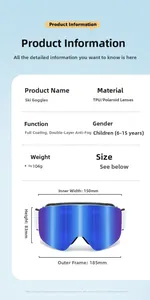 Detailed size chart for kids ski goggles featuring anti-fog dual layer blue lenses