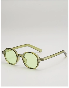 Macro detail of oval olive green sunglasses showing model number 98385 on temple