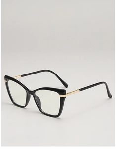 Detail view of cat eye frame with gold metal temples and black polished finish