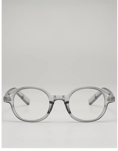 Detailed shot of transparent grey oval sunglasses frames with silver metal hinge accents