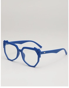 Detailed side view of bold royal blue geometric sunglasses frames with metal accents