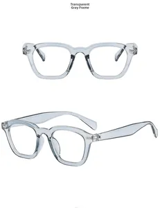 Detail view of transparent grey square frame glasses with integrated nose pads