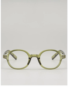 Close-up of olive green oval sunglasses frame featuring metallic hinge accents