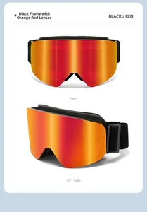Detailed views of kids ski goggles with black frame and anti-fog orange red lenses