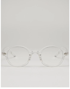 Detailed front view of clear oval frames showing polished metal hinges and minimalist design