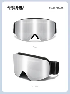 Front and 45-degree side views of black frame kids ski goggles with silver lenses