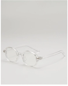 Detail view of oval transparent glasses frame with inner temple specifications and size markings