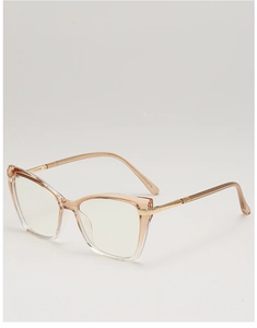 Detail view of champagne cat-eye frames with elegant golden metal temples and modern design