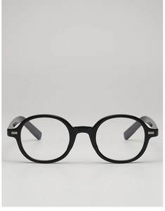 Close-up of black oval sunglasses frames with silver metal hinge accents for a retro look